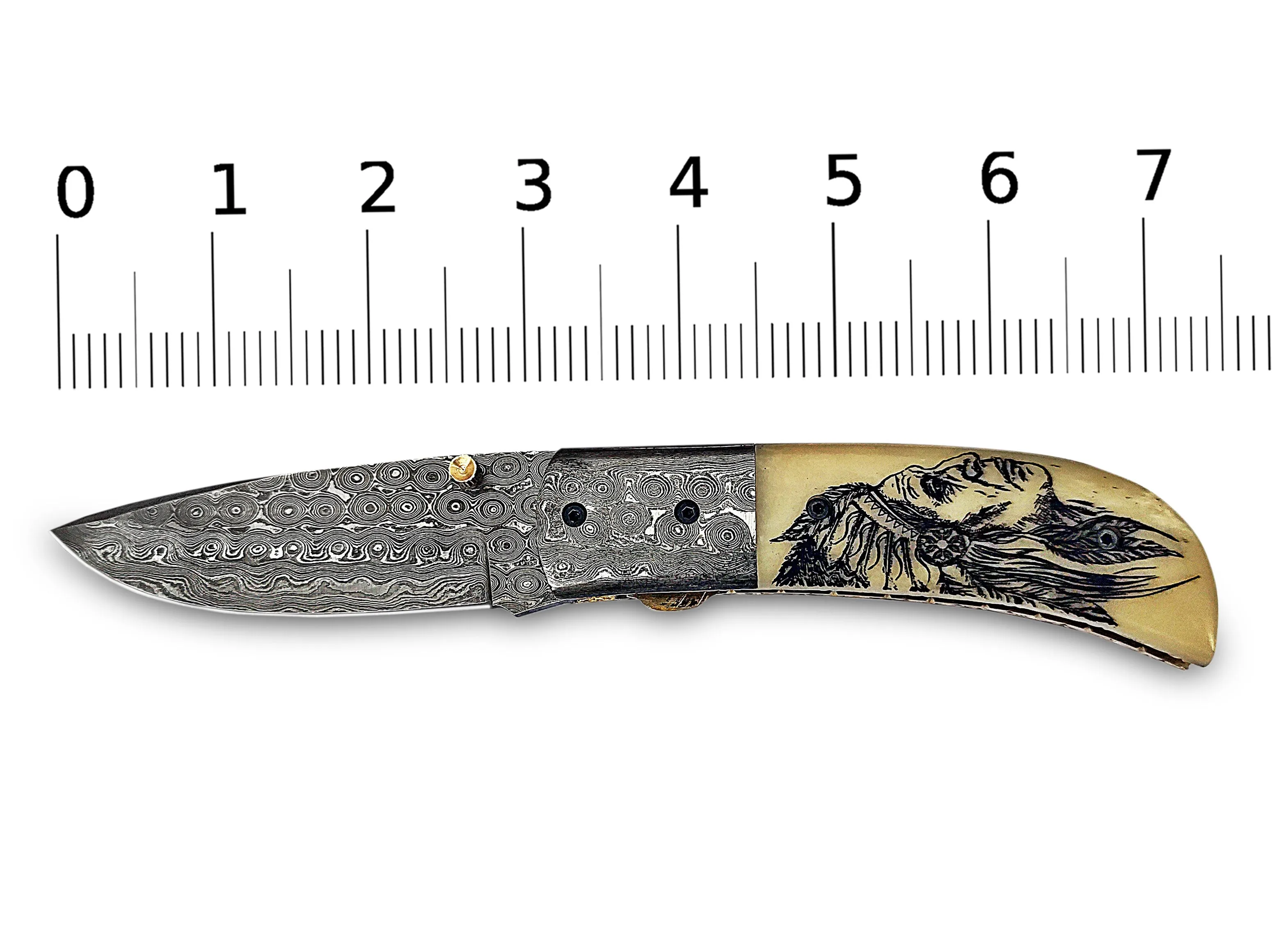 Native American Scrimshaw on Camel Bone Red Indian Folding Pocket Knife Drop Point with Damascus Bolster Custom Handcrafted Damascus Steel 7.50 inches with Leather Sheath Great Gift for Your Loved Ones CLKFOL1115