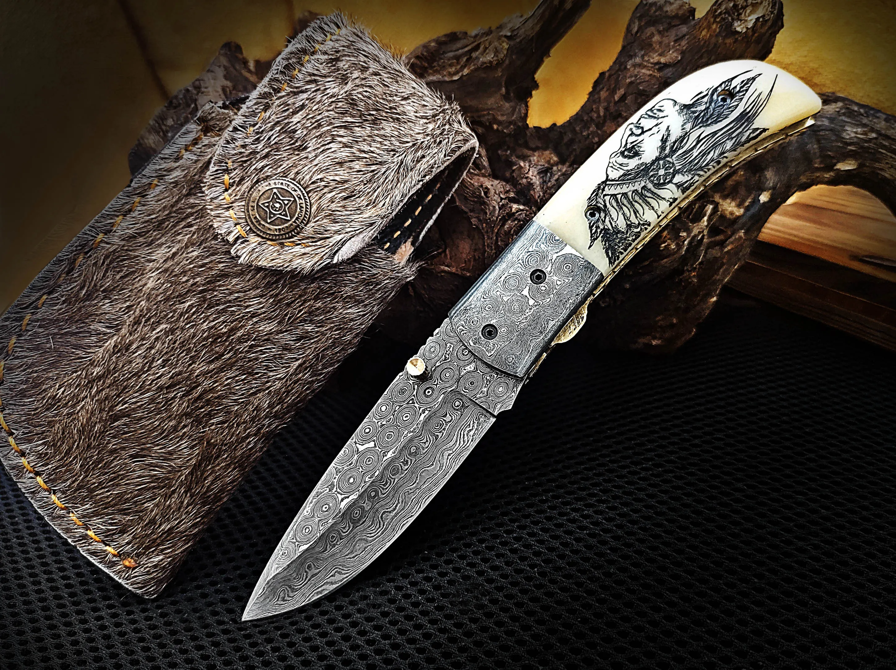 Native American Scrimshaw on Camel Bone Red Indian Folding Pocket Knife Drop Point with Damascus Bolster Custom Handcrafted Damascus Steel 7.50 inches with Leather Sheath Great Gift for Your Loved Ones CLKFOL1115