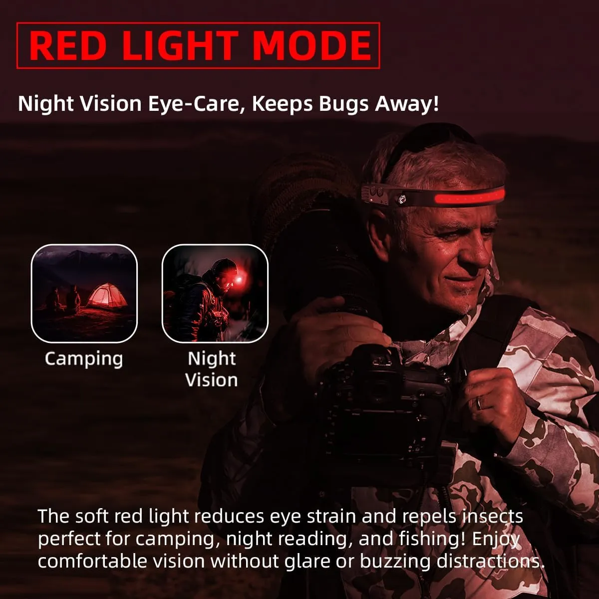 Night Vision Eye-Care Red Light, Rechargeable Headlamp 2PCS, Hard Hat Light for Adults, 230° COB Headlight for Forehead, LED Headband Flashlight for Working, Running, Camping Essentials Gear