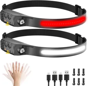 Night Vision Eye-Care Red Light, Rechargeable Headlamp 2PCS, Hard Hat Light for Adults, 230° COB Headlight for Forehead, LED Headband Flashlight for Working, Running, Camping Essentials Gear