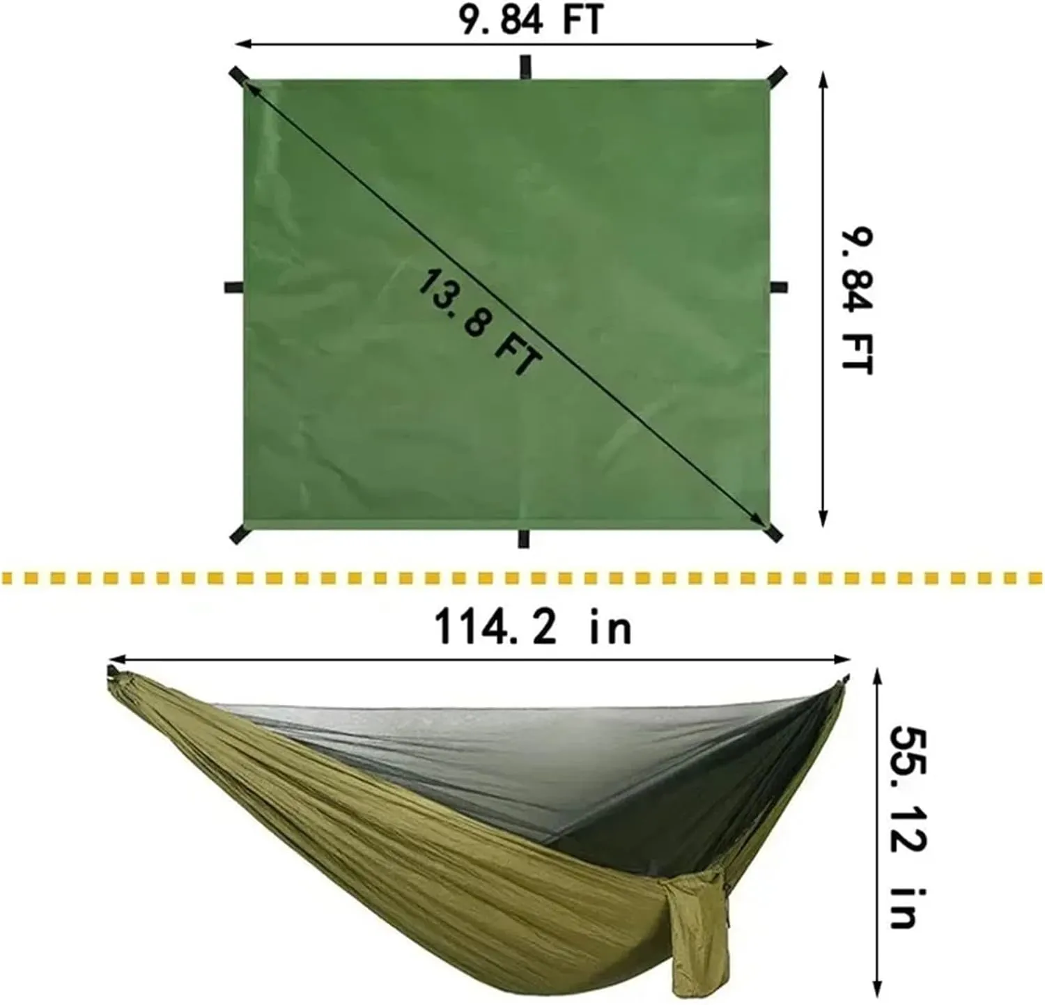 Nylon Parachute Hammock Net Camping Hammock with Net and Rainfly Tarp,118x118in Portable and Hammock Tent Indoor, Outdoor Terrace Hammock(Model 3)