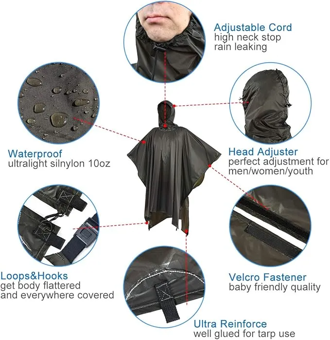 onewind Hooded Rain Poncho, Silnylon Camping Rain Coat Versatile Survival Shelter Lightweight Poncho for Hiking, Backpacking