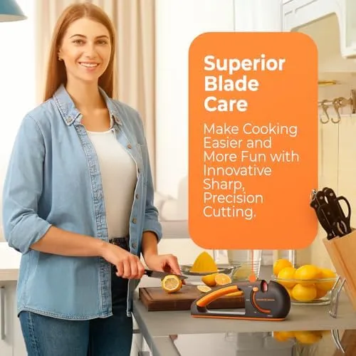 Orange Ninja 4-Stage Knife Sharpener -Kitchen & Serrated Knife Sharpener - Manual Knife Blade Sharpener tool for Kitchen, Chef, filet Knives by Sharp Pebble