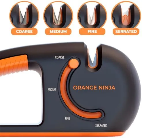 Orange Ninja 4-Stage Knife Sharpener -Kitchen & Serrated Knife Sharpener - Manual Knife Blade Sharpener tool for Kitchen, Chef, filet Knives by Sharp Pebble