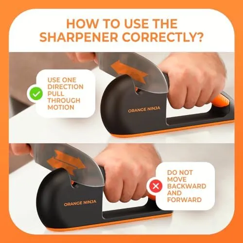 Orange Ninja 4-Stage Knife Sharpener -Kitchen & Serrated Knife Sharpener - Manual Knife Blade Sharpener tool for Kitchen, Chef, filet Knives by Sharp Pebble