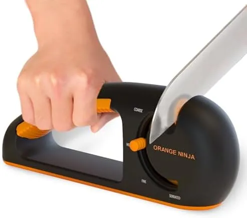 Orange Ninja 4-Stage Knife Sharpener -Kitchen & Serrated Knife Sharpener - Manual Knife Blade Sharpener tool for Kitchen, Chef, filet Knives by Sharp Pebble