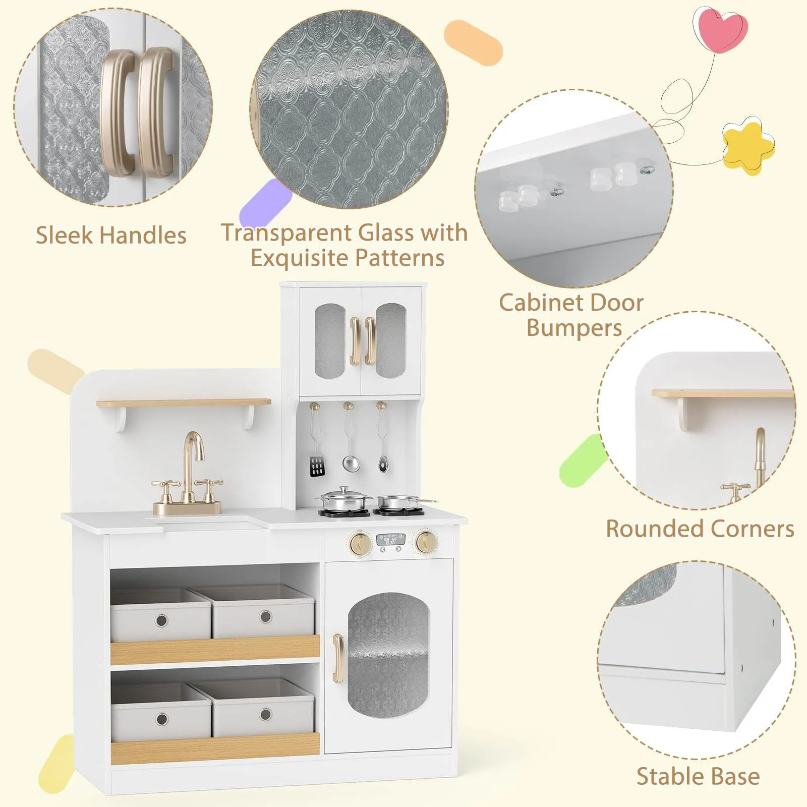 Play Kitchen for Kids with Storage, Wooden Toy Kitchen Set w/4 Storage Bins