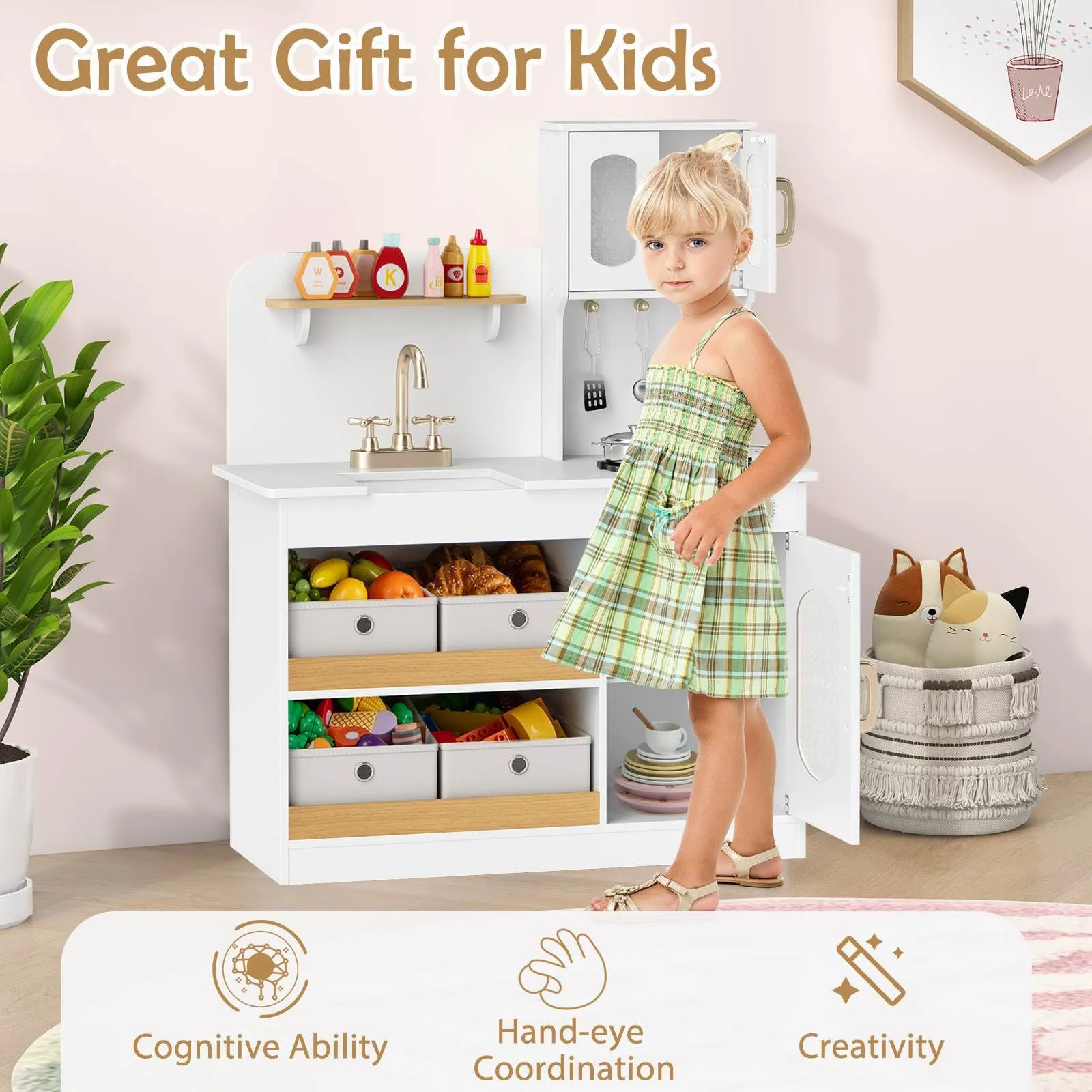Play Kitchen for Kids with Storage, Wooden Toy Kitchen Set w/4 Storage Bins