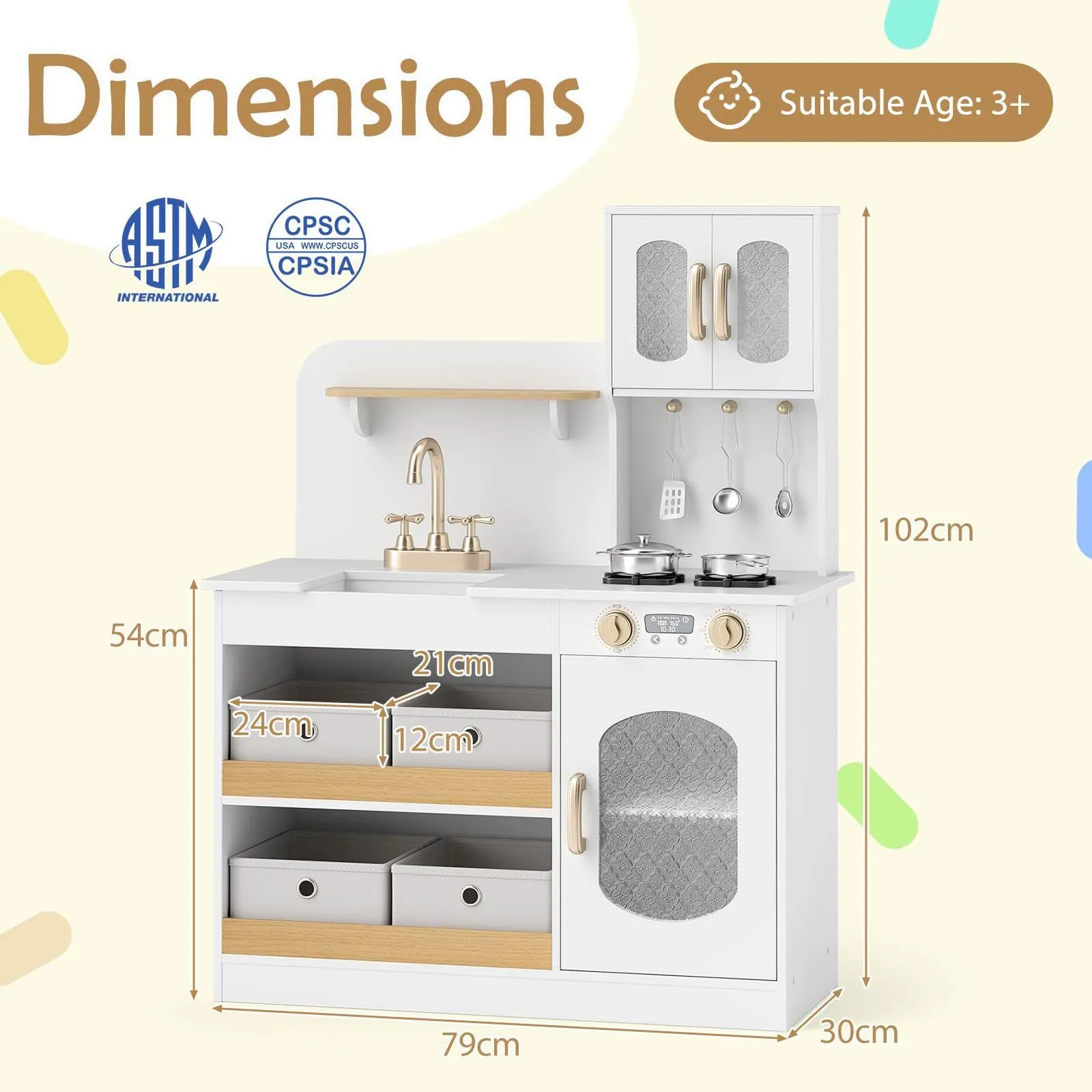 Play Kitchen for Kids with Storage, Wooden Toy Kitchen Set w/4 Storage Bins