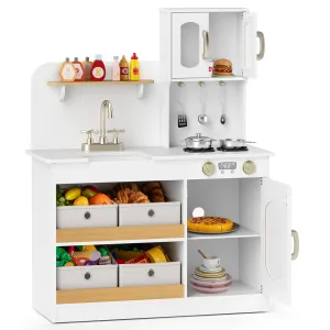 Play Kitchen for Kids with Storage, Wooden Toy Kitchen Set w/4 Storage Bins
