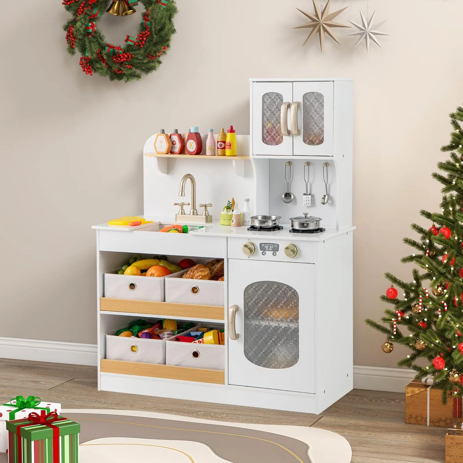 Play Kitchen for Kids with Storage, Wooden Toy Kitchen Set w/4 Storage Bins