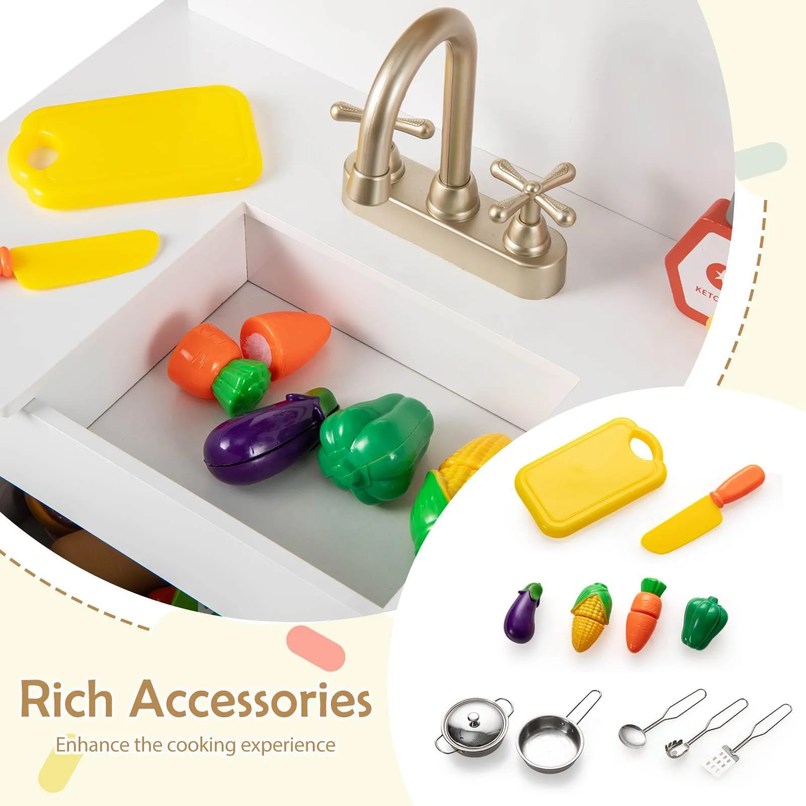 Play Kitchen for Kids with Storage, Wooden Toy Kitchen Set w/4 Storage Bins