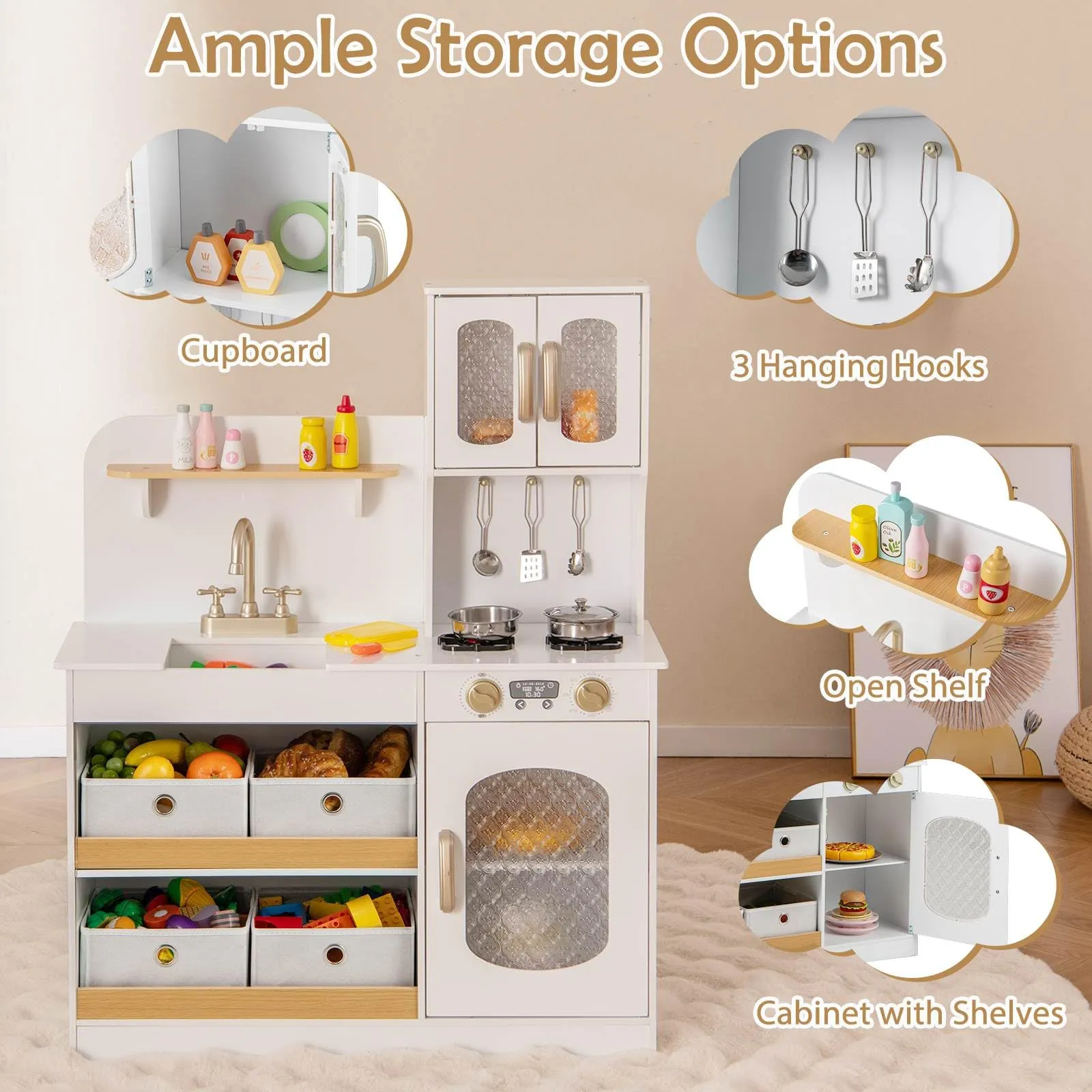 Play Kitchen for Kids with Storage, Wooden Toy Kitchen Set w/4 Storage Bins