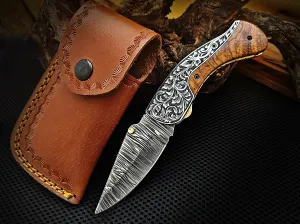 Pocket Knife Folding Knife Liner Lock Hand Engraved Steel and Olive Wood Handle 7.50 inches Custom Handcrafted Damascus Steel with Leather Sheath Perfect Gift CLKFOL1114