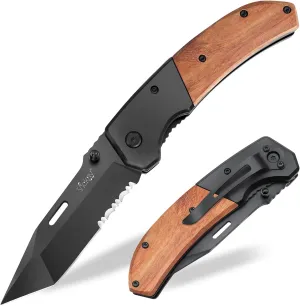 Pocket Knife, Folding Knife with Clip - 3.54″ Black Serrated Steel Blade, Wood Handle EDC Knife for Men & Women, Outdoor Camping, Tactical, Hunting, Hiking, Survival - Father’s Day Gift