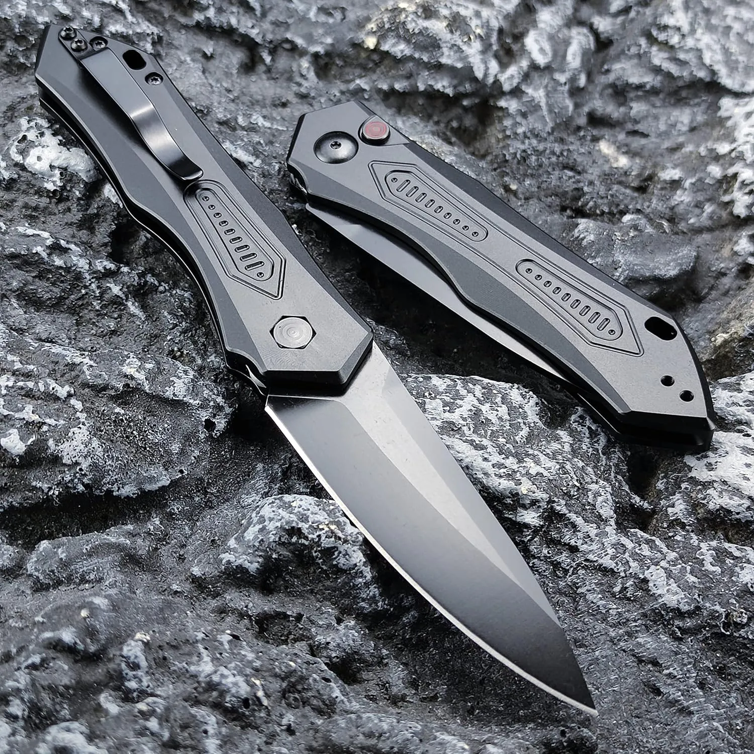 Pocket Knife Push Button Lock Folding Knife for EDC Black Aluminum Handles Black 9Cr18MoV Blade Everyday Carry Knife for Men Women, Lightweight for Indoor Outdoor Gift