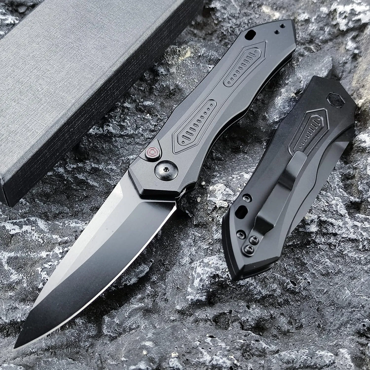 Pocket Knife Push Button Lock Folding Knife for EDC Black Aluminum Handles Black 9Cr18MoV Blade Everyday Carry Knife for Men Women, Lightweight for Indoor Outdoor Gift
