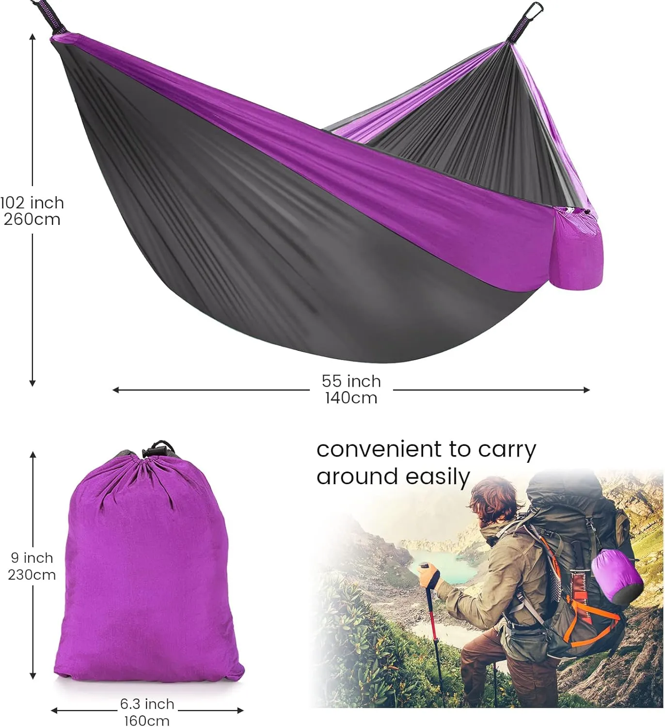 Portable Double Camping Hammock,2 Person Nylon Parachute Hammock with Mos-Quito Net Outdoor Hammocks Tent with Waterproof Rainfly Awning for Outdoors Camping Backpacking Hiking Travel