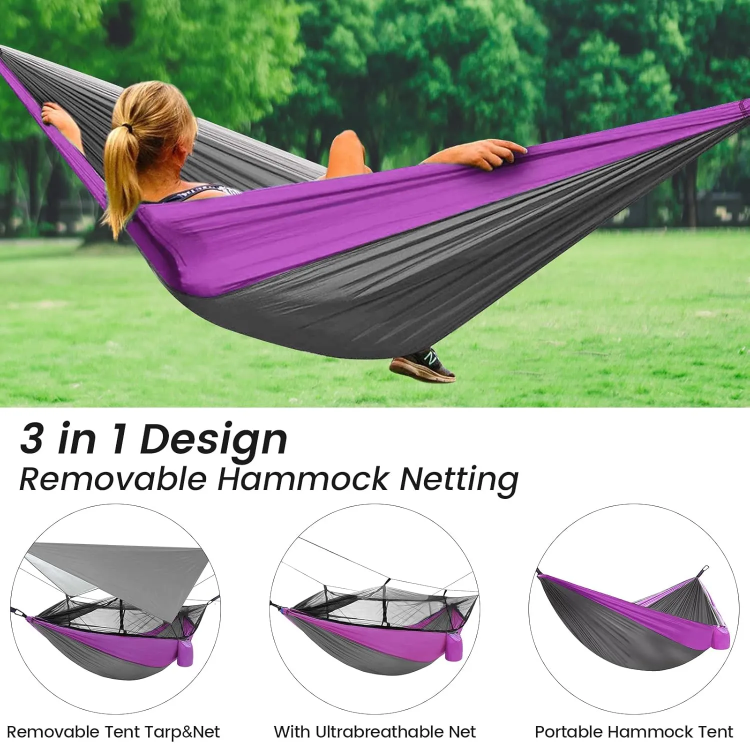 Portable Double Camping Hammock,2 Person Nylon Parachute Hammock with Mos-Quito Net Outdoor Hammocks Tent with Waterproof Rainfly Awning for Outdoors Camping Backpacking Hiking Travel
