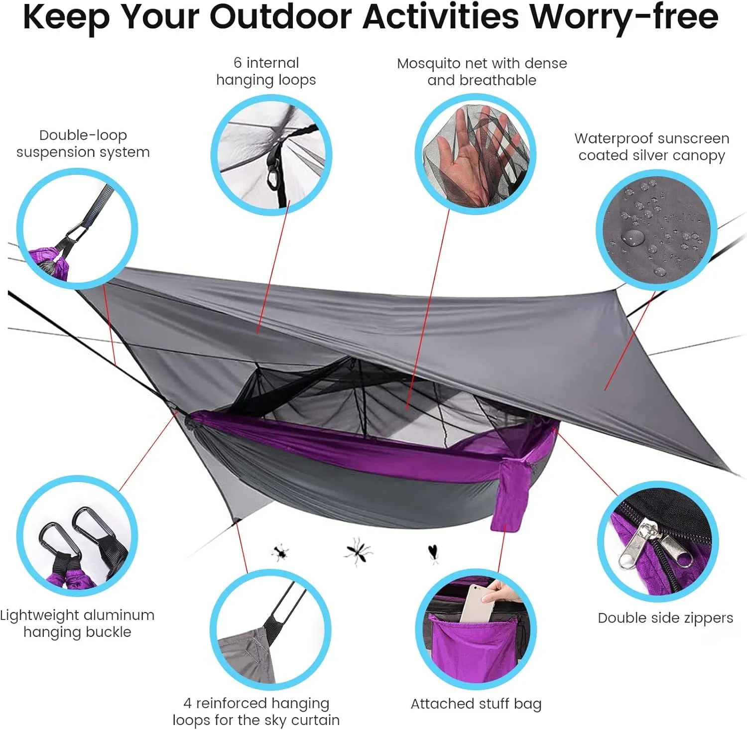 Portable Double Camping Hammock,2 Person Nylon Parachute Hammock with Mos-Quito Net Outdoor Hammocks Tent with Waterproof Rainfly Awning for Outdoors Camping Backpacking Hiking Travel