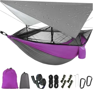 Portable Double Camping Hammock,2 Person Nylon Parachute Hammock with Mos-Quito Net Outdoor Hammocks Tent with Waterproof Rainfly Awning for Outdoors Camping Backpacking Hiking Travel