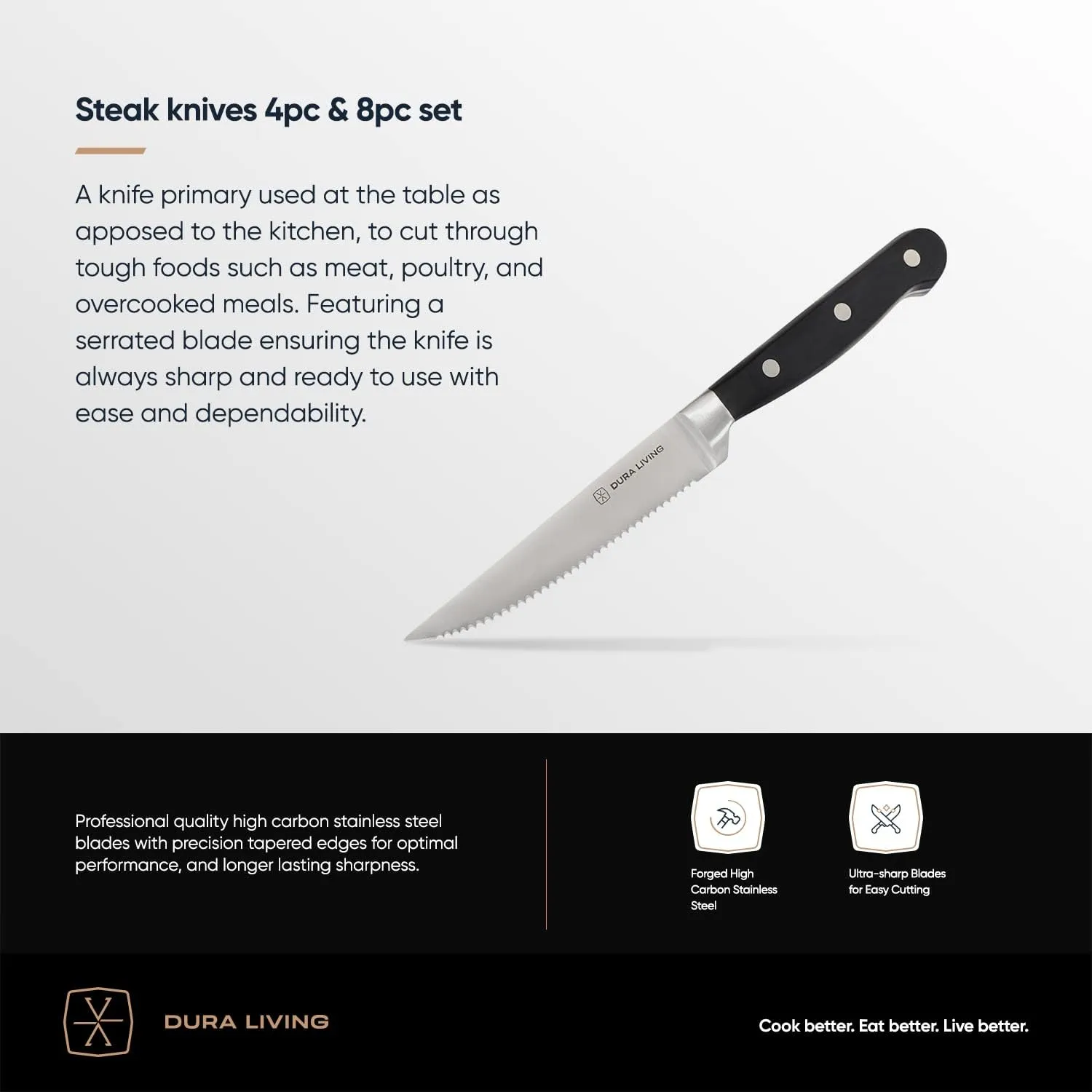 Premium 4-Piece Steak Knife Set – Sharp Serrated Blades, Forged High Carbon Stainless Steel, Full Tang, Ergonomic Handle, Elegant Black Finish – Ideal for Dining & Entertaining