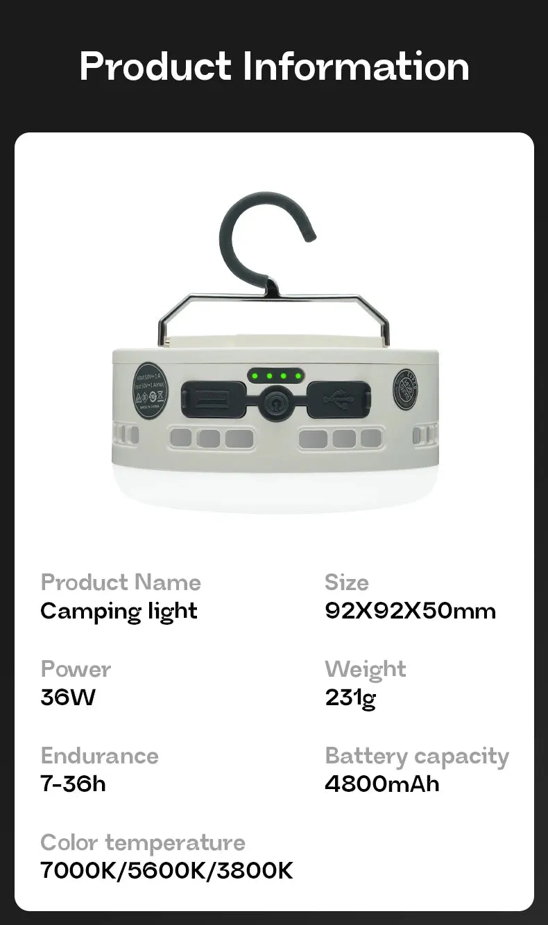 Rechargeable 36W Camping Lantern with Magnet – 700LM LED, 4800mAh Power Bank, 3 Light Modes for Outdoor & Emergency