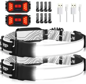 Rechargeable Headlamp, 230°Wide-Angle 1000 Lumens Headlamp Flashlight with Red Taillight 3 Light Modes Lightweight LED Head Lamp Adjustable Waterproof Head Light for Running Cycling (Black(2-Pack))