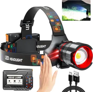 Rechargeable Headlamp High Lumens, Super Bright LED Head Lamp with Motion Sensor, 12 Modes, IPX7 Waterproof, 125° Adjustable, Zoomable Headlight for Adults, Camping, Cycling, Running