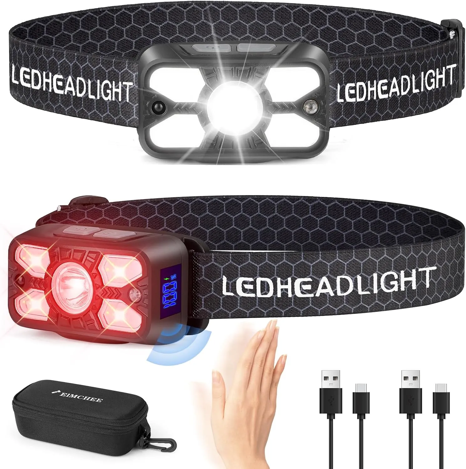 Rechargeable Headlamp,2 Pack 2500 Lumen Bright 5 Led Headlamp,14 Modes Adjustable Motion Sensor Headlight with Red Light for Adults& Kids,USB C Waterproof Head Flashlight for Outdoor Hiking