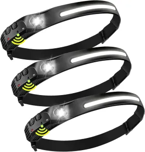 Rechargeable Headlamps 3PCS,2000mAh Battery Powered LED Head lamp Rechargeable,5Mode Bright Headlamps for Adults,Motion Sensor Head Light Flashlight Type-C USB Charging for Hard hat,Camping,Running