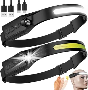 Rechargeable LED Headlamp 2 Packs,COB230° Headlamps, 5 Modes of Lightweight Headlamp with Motion Sensors, Type-C USB Charging Headlamps,Suitable for Night Running,Fishing, Cycling, Camping