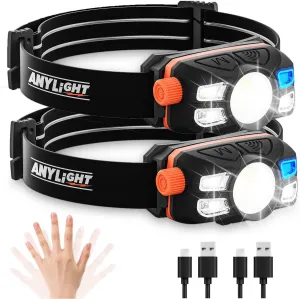 Rechargeable LED Headlamp with Stepless Dimming and Motion Sensor, IP65 Waterproof Headlight for Repairing, Running, Camping, Hiking(2 Packs)