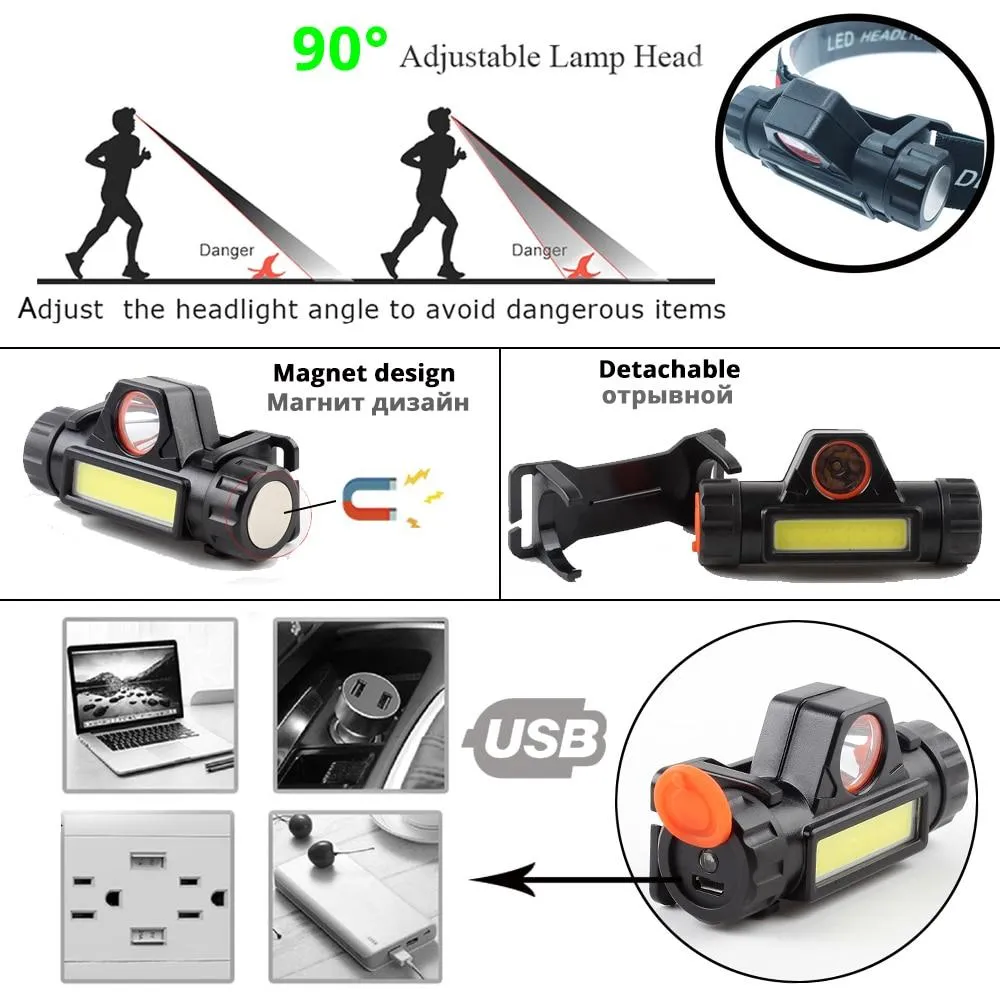 Rechargeable LED Headlamp  XPE COB Work Light 2 lighting modes With tail magnet Detachable headlight For camping, adventure