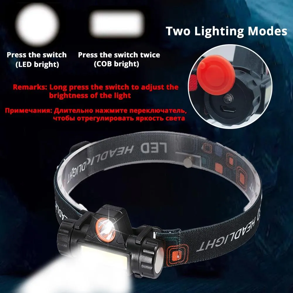 Rechargeable LED Headlamp  XPE COB Work Light 2 lighting modes With tail magnet Detachable headlight For camping, adventure