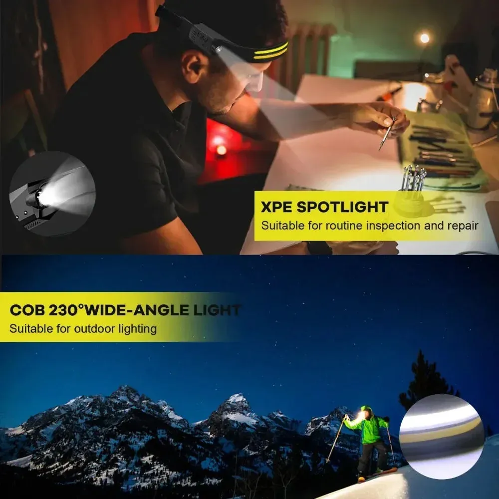 Rechargeable LED Sensor Headlamp XPE COB Light Waterproof Torch for Fishing & Camping