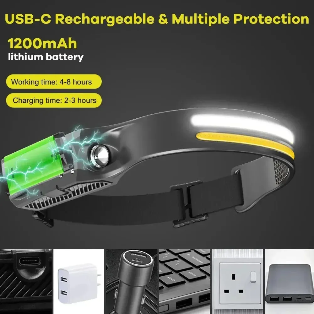 Rechargeable LED Sensor Headlamp XPE COB Light Waterproof Torch for Fishing & Camping