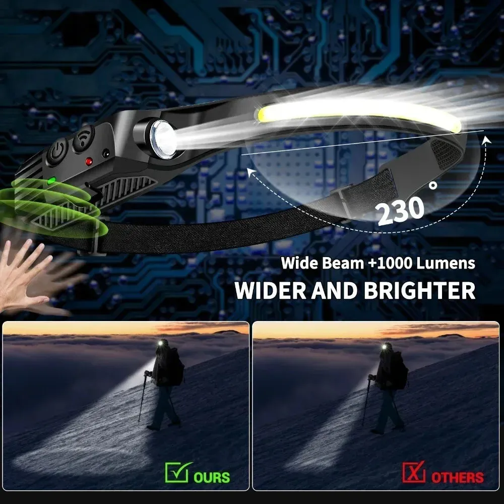 Rechargeable LED Sensor Headlamp XPE COB Light Waterproof Torch for Fishing & Camping
