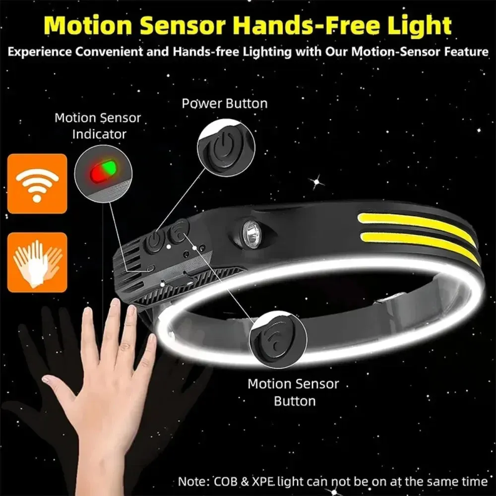 Rechargeable LED Sensor Headlamp XPE COB Light Waterproof Torch for Fishing & Camping