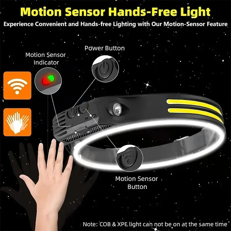 Rechargeable LED Sensor Headlamp XPE COB Light Waterproof Torch for Fishing & Camping