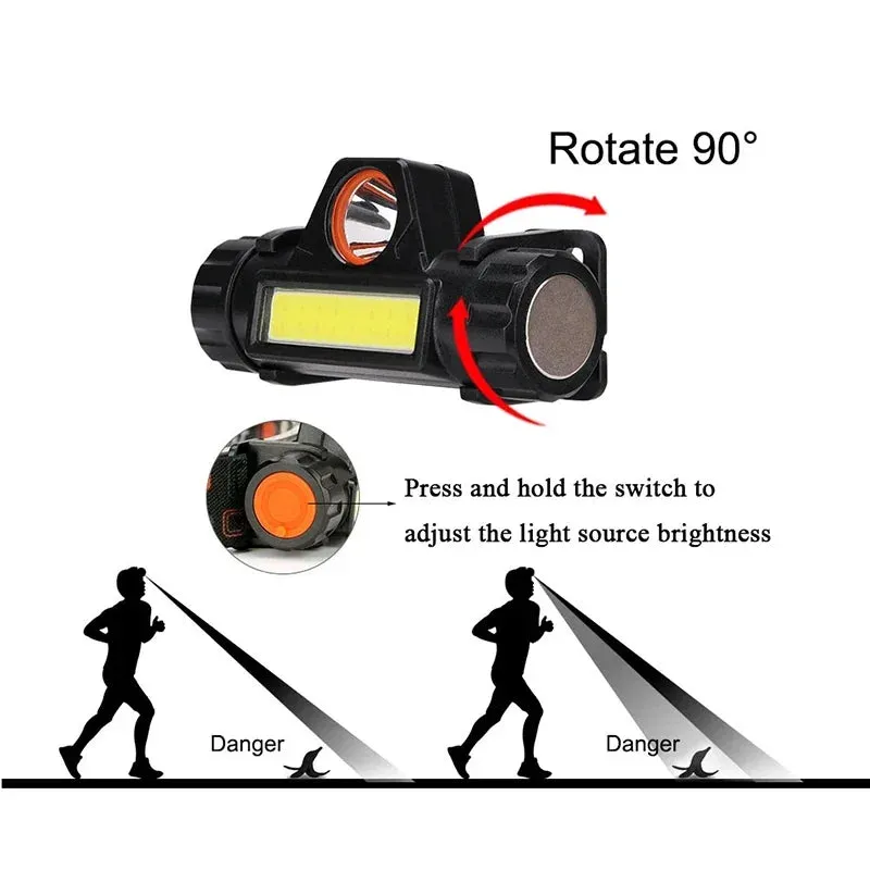 Rechargeable Waterproof LED Headlamp - Super Bright Flashlight with XPE COB Beads, Dual Light Sources, and Magnet