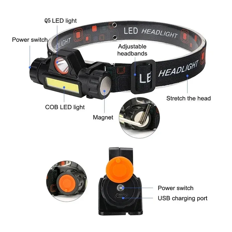 Rechargeable Waterproof LED Headlamp - Super Bright Flashlight with XPE COB Beads, Dual Light Sources, and Magnet