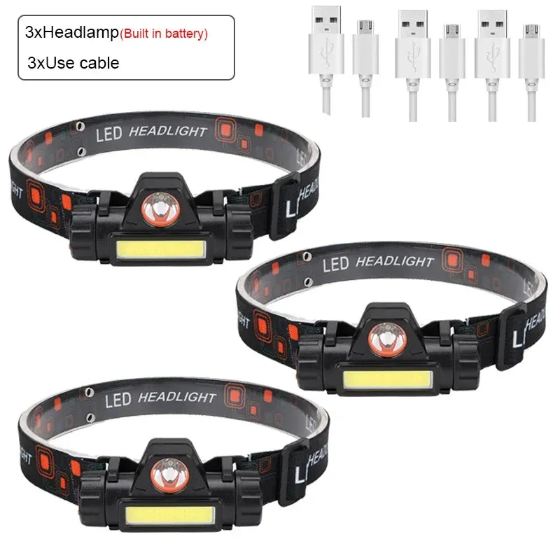 Rechargeable Waterproof LED Headlamp - Super Bright Flashlight with XPE COB Beads, Dual Light Sources, and Magnet