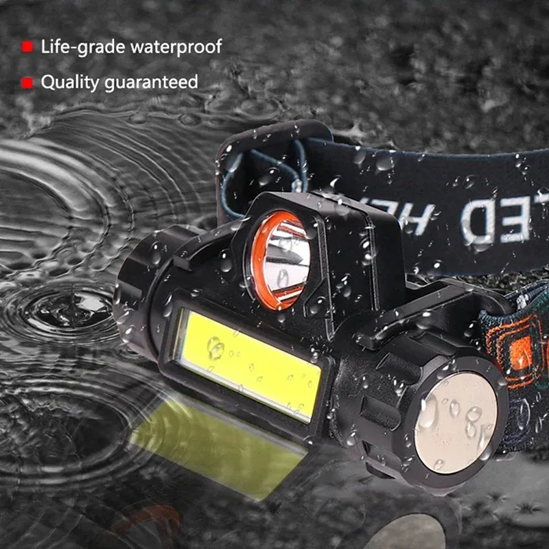 Rechargeable Waterproof LED Headlamp - Super Bright Flashlight with XPE COB Beads, Dual Light Sources, and Magnet