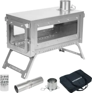 Ridge Titanium Wood Stove, Campfire Stove Mode, Lightweight and Portable, Folding Tent Stove Used for Backpacking, Tent Heating, Cooking (RIDGE (3 Glass Windows))