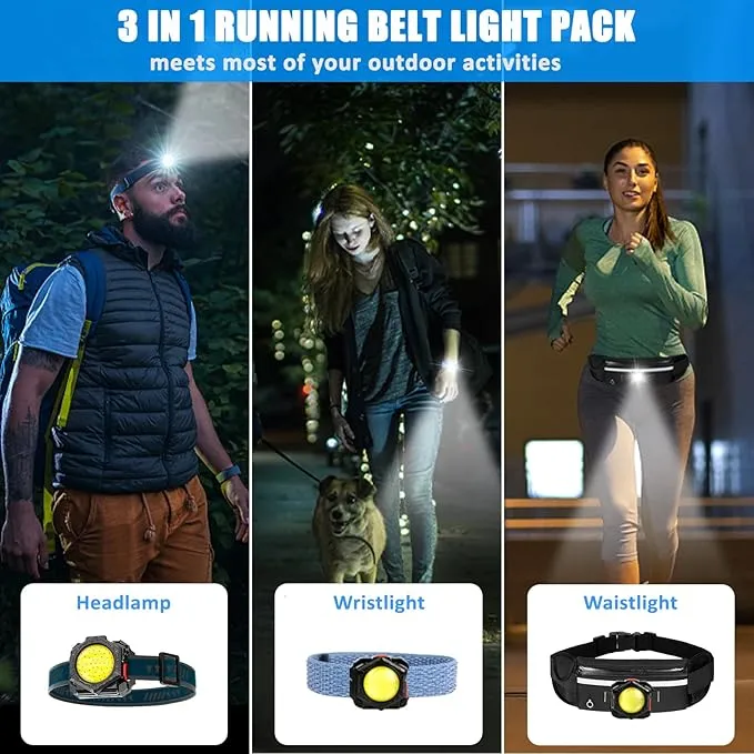 Running Lights with 3 in 1 Fanny Pack, 1000Lumens Super Bright COB Light of Headlamp, Wrist Flashlight, Waist Light with Adjustable Large Fanny Packet for Running, Walking, Hiking at Night(3 Pack)