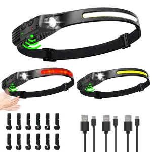 Rynx | Fzh LED headlamp rechargeable 3 pcs, 230° wide light and spotlight headlamp with red light, convenient waterproof headlamps for adults with motion sensor 6 modes for outdoor running, camping, hiking
