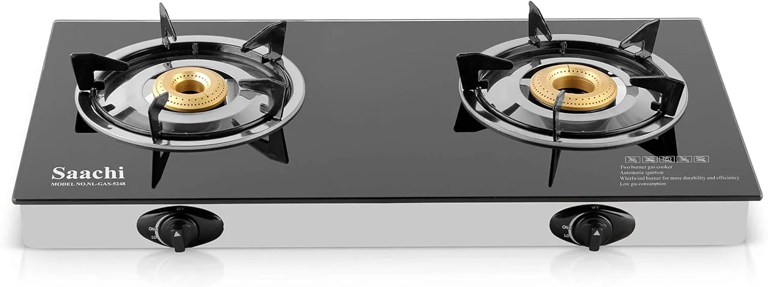 Saachi Double Burner Glass Gas Stove – Sleek, Portable & Efficient Countertop Cooking Solution