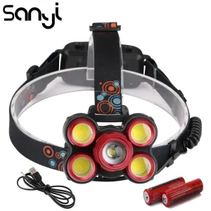 SANYI  1*T6 &4*COB LED Flashlight Head Zoomable Hunting Light Headlight USB Rechargeable Headlamp by 2* 18650 Batteries