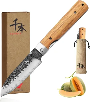SENBON 440 Forged Stainless Steel pocket folding Japanese peeling utility knife Natural Olive Handle Camping trip Outdoor Portable Fruit knife